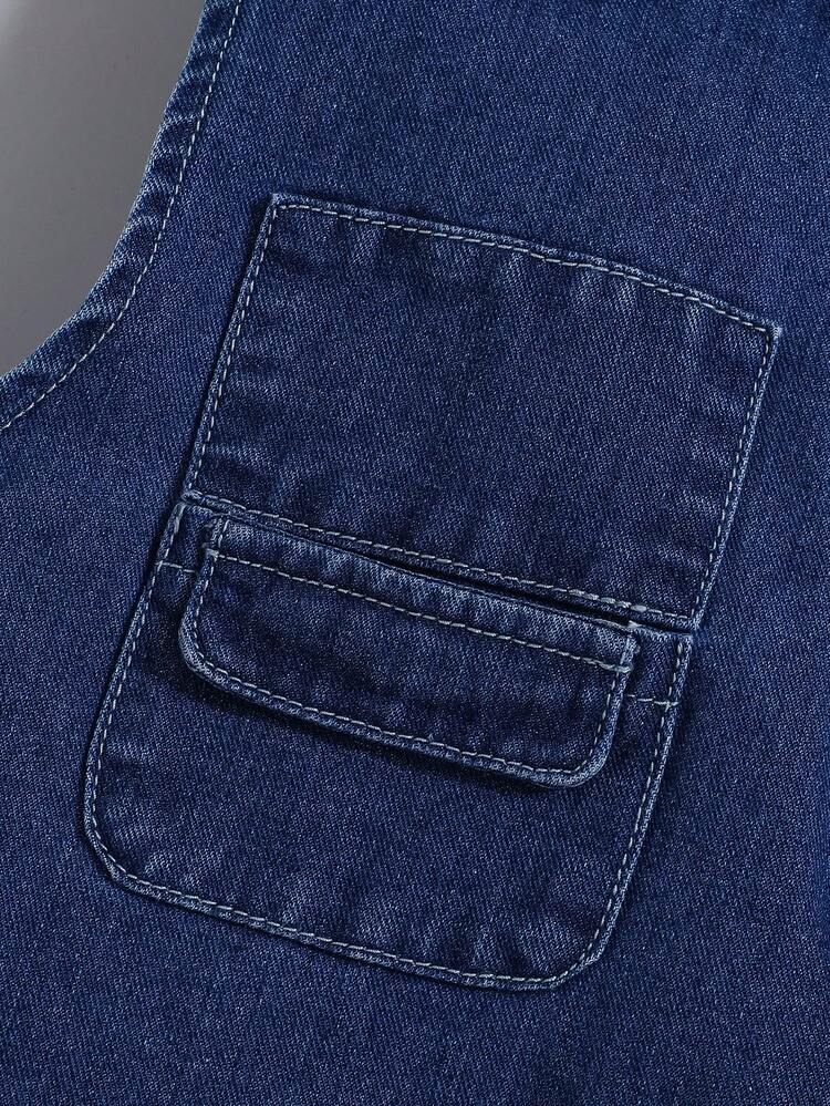 SHEIN 青少年男孩時尚休閒寬鬆舒適流行顏色對比貨物口袋設計無袖牛仔馬甲外套，日常穿著和返校服裝全配 - 藍白色 - 查看 4