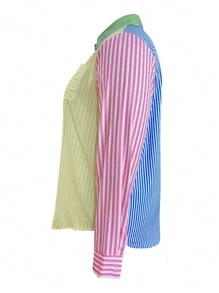 LovelyWholesale Áo sơ mi dài tay thường ngày cỡ lớn dành cho nữ có túi vá sọc nhiều màu và nút phía trước - Nhiều màu - Xem 4