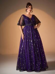 大码女式正式派对礼服，V 领，亮片刺绣，撞色，双层网眼喇叭裙 - 紫色 - 查看 4