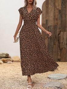SHEIN LUNE Vestido de cuello en V con estampado de leopardo cortado al azar para mujer - Café - Ver 4