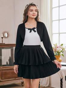 Summer Teen Girls' Sweet And Casual Design Short Jacket With Bowknot Strap Vest And Fluffy Pleated Skirt 3pcs Set Ideal For Daily Outings, Commuting, Leisure And Street Photography