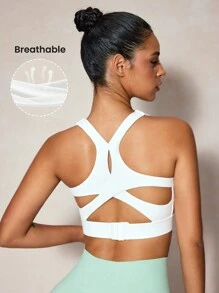 SHEIN Sovereign Charm Plain Color Cut Out Back Sports Bra - White - View 6