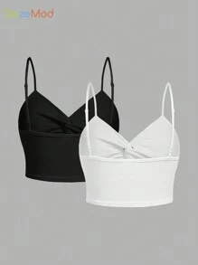 SHEIN Set de 2 piezas de sujetador con tirantes ajustables y top corto acolchado y transpirable con nudo en V para adolescentes, sujetador y camiseta para estudiantes - Blanco y Negro - Ver 2