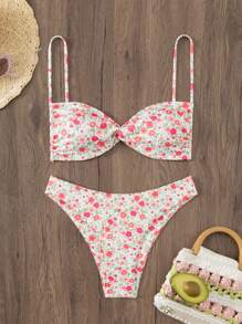 SHEIN Swim Conjunto de Maiô Bikini floral Ditsy para mulher com top push-up torcido e parte inferior, aleatoriamente estampado para o verão na praia - Multicolorido - Visão 1