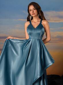 Sleek Satin V-Neck Fishbone Pleats With Asymmetrical Ruffle Trim, Elegant Fit And Flare Gown Dress Party Dress Wedding Guest Dress Formal Dress Evening Dress