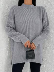 SHEIN Cottnline Mock Neck Drop Shoulder Split Hem Sweater - Grey - View 4