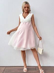 SHEIN Maternity Party Elegant Color Block Off-Shoulder Dress - Pink - View 5