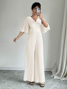 Chiquease Pleated Wide Leg Jumpsuit - Apricot - View 5