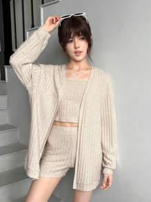 SHEIN Conjunto de 3 piezas de otoño a juego para adolescentes: Cárdigan de manga larga acanalado de punto de color albaricoque sólido, top de tirantes y shorts