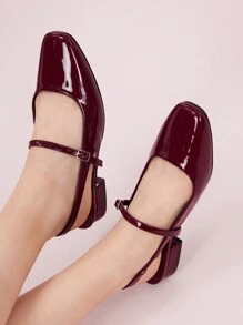 CUCCOO DOLLMOD 女士时尚红色玛丽珍踝带低跟舒适方头鞋圣诞秋季勃艮第玛丽珍高跟鞋新年假期 - 酒紅色 - 查看 5