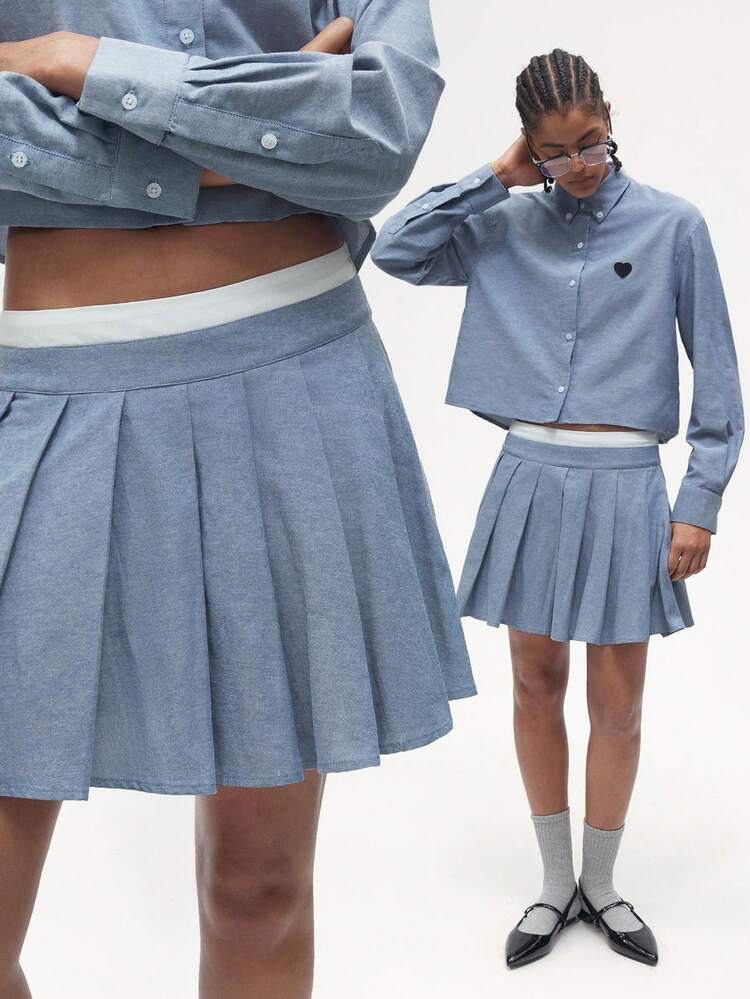 SHEIN Maija Back To School Blue Oxford Cloth Cropped Pleated Casual Preppy Style