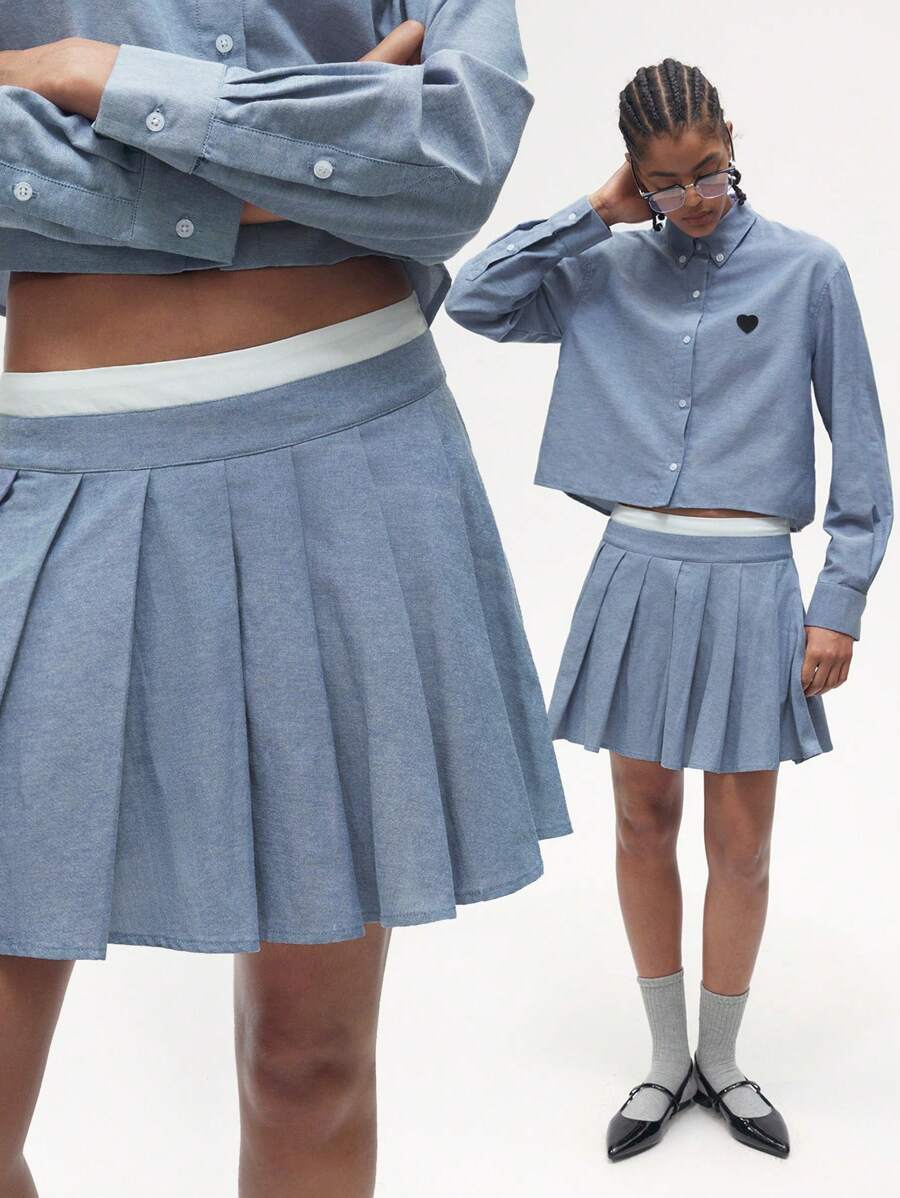 Maija Back To School Vải Oxford màu xanh được cắt xếp nếp theo phong cách Preppy thông thường - Màu xanh lam - Xem 1