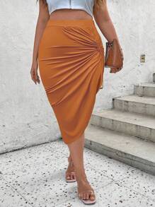 SHEIN Clasi Plus Size Women's Solid Color Simple Daily Wear Skirt - Yellow - View 3