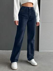 RueChic Women's Low-Rise Button-Fly Straight-Leg Jeans With Pockets And Zipper, Versatile For Casual Daily Wear - Dark Wash - View 4