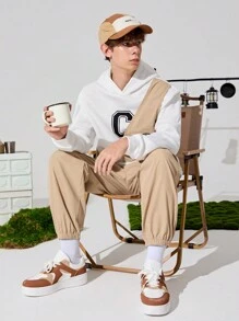 SHEIN 2pcs Teen Boys' Casual Khaki Vest With Multi-Pockets And White Hooded Printed Sweatshirt With Thermal Lined , Plus Khaki Jogger Cargo Pants. Suitable For Fall, Winter, Sports, Camping, Hiking, Daily Wear - Multicolor - View 5