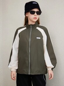 SHEIN Tween Girl Loose Casual Comfortable Military Green Color Blocking Shoulder Patch Fashion Collared Long Sleeve Jacket - Army Green - View 7