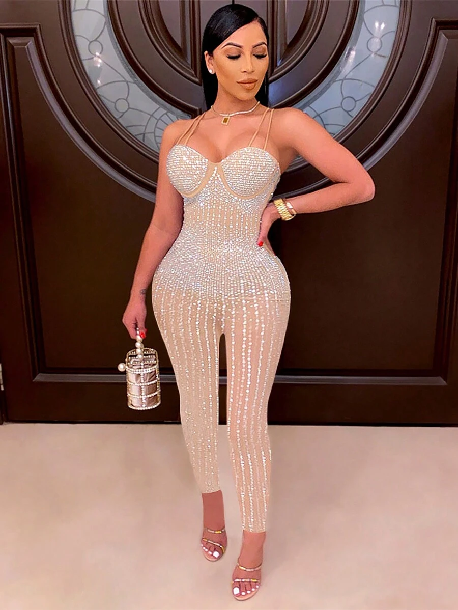 S390250 Sexy Rhinestone Strap Jumpsuit For Women - Apricot - View 1