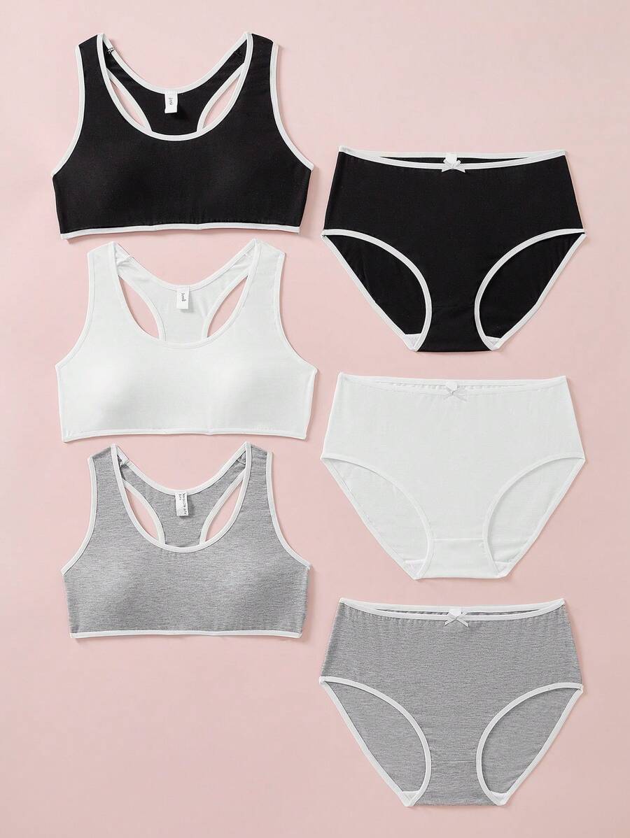 SHEIN 6pcs/Set Teen Girls' Simple Comfortable Removable Padding Camisole Bras With Bow Decor & Elastic Waist Triangular Panties