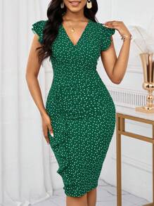 SHEIN Lady Office Dress Red Sun Heart Printed Smocked Ruffle Dress For Women,Polka Dot Dress - Green - View 5