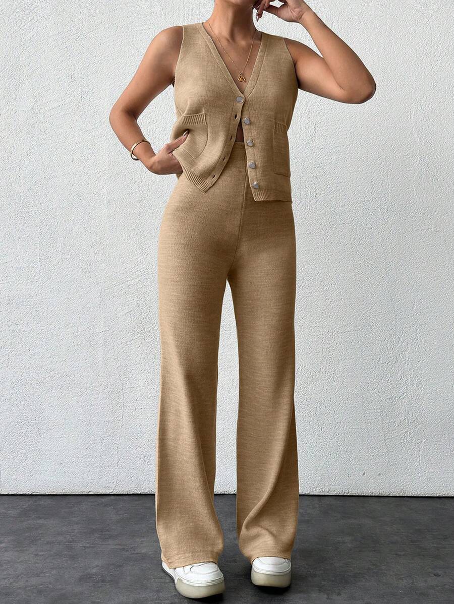 EURMUSE Knitted Plain Vest With Front Row Button, Pockets And Sweater Pants 2-Piece Set - Camel - View 1