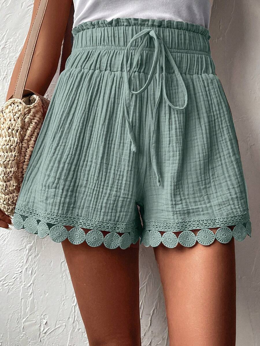 SHEIN VCAY Ladies' Solid Color Simple Daily Wear Drawstring Shorts - Green - View 1