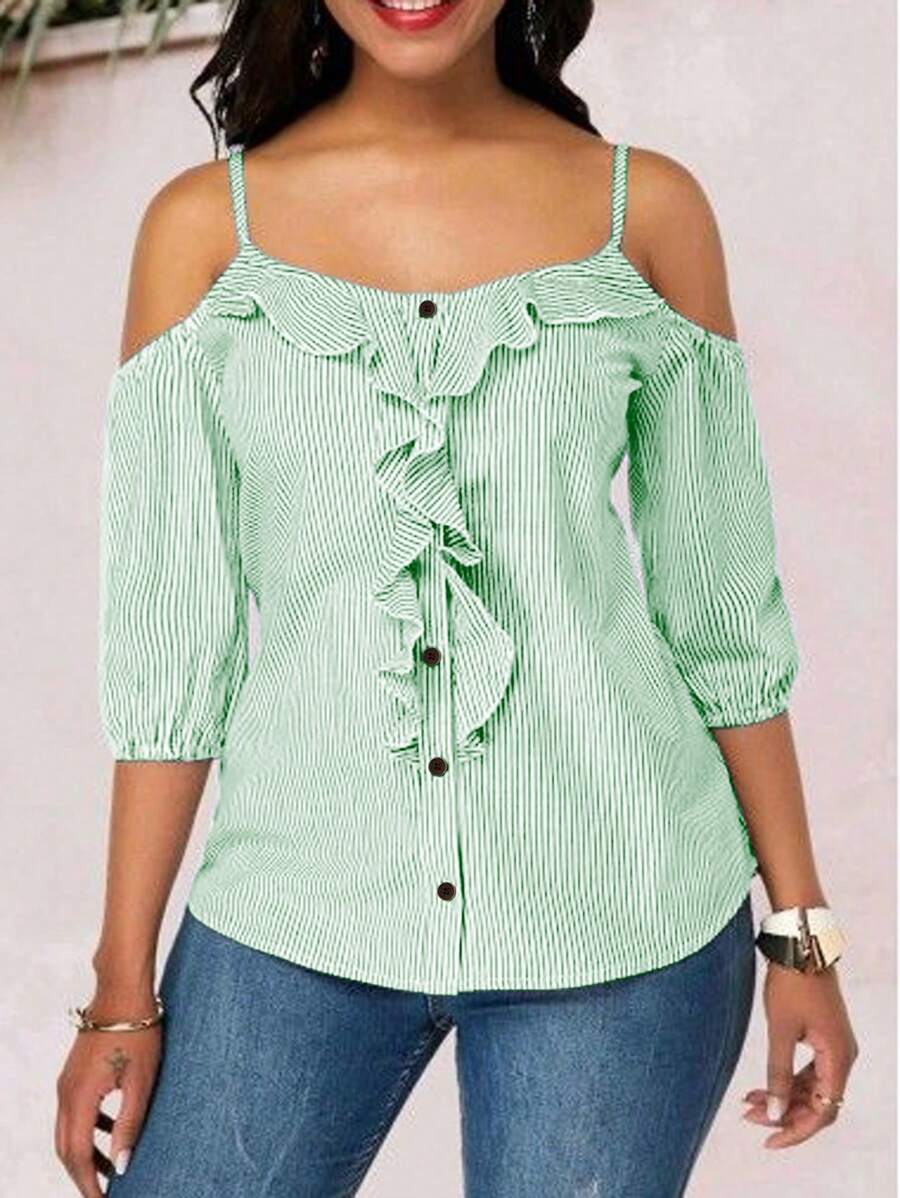 SHEIN Clasi Women's Striped Printed Simple Daily Shirt - Green - View 1