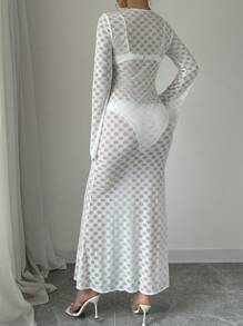 Selianne Spring Summer Sexy Solid Color Hollow-Out Knit Trumpet Sleeve Mermaid Style See-Through Long Dress Fall Cloth For Women - White - View 2