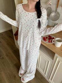 DAZY 宽松碎花印花宽圆领长袖上衣和裤子睡衣套装，白色，波浪边设计，秋冬服装 - 白色 - 查看 7
