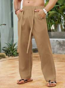 Manfinity Homme Pantalones de lino informales con tapering de unicolor para hombres - Caqui - Ver 3