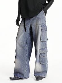 Manfinity Roghcode Men's Deep Blue Vintage Washed Denim Workwear Cargo Jeans With Multiple Pockets - Dark Wash - View 1