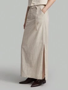 Ontre Women Solid Color Side Slit Faux Pocket Minimalist A-Line Skirt, Casual Linen - Apricot - View 5