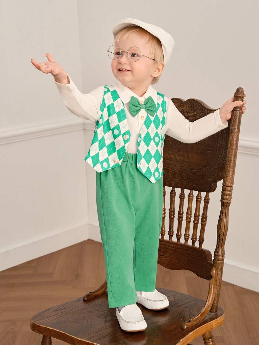SHEIN 3pcs/Set Baby Boys' Summer Plaid Vest Overalls With Hooded Bodysuit And Long Pants Gentleman Outfit - Green - View 1