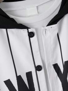 SHEIN Tween Boy Striped Patchwork Long Sleeve Letter Printed Button-Up Jacket. Daily Casual - Black and White - View 3