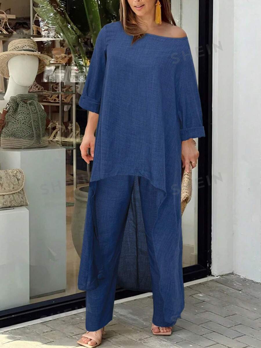 SHEIN LUNE Conjunto de top y pantalón holgado de lino para mujer en verano con bajo alto, unicolor y estilo casual