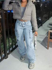 女款Y2K街頭風直筒口口袋牛仔工裝褲