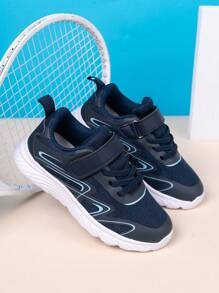 男童春秋双网眼透气运动鞋，轻便柔软的网眼鞋面，可调节钩环带，易于穿着，纯色橡胶鞋底，适合学校和校园的多功能跑鞋 - 藏蓝色 - 查看 5