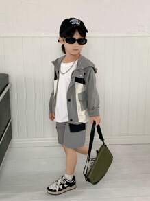 SHEIN 2pcs/Set Young Boys' Casual Hooded Long Sleeve Patchwork Work Jacket&Belted Work Pocket Shorts Suit,Comfortable Breathable For Daily Wear,Autumn - Grey - View 4