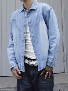 Manfinity EMRG 男士春夏宽松休闲通勤长袖牛仔衬衫，秋季 - 中等水洗藍 - 查看 6