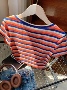 Comfortcana Camiseta de punto ajustada de mujer con rayas de colores