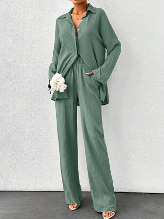 Tall Size 2-Piece Solid Color Textured Fabric Shirt And Pants Set