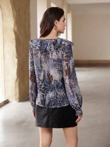 Aveloria EMERY ROSE 動物蛇紋荷葉邊雪紡長袖襯衫 - 彩色 - 查看 6