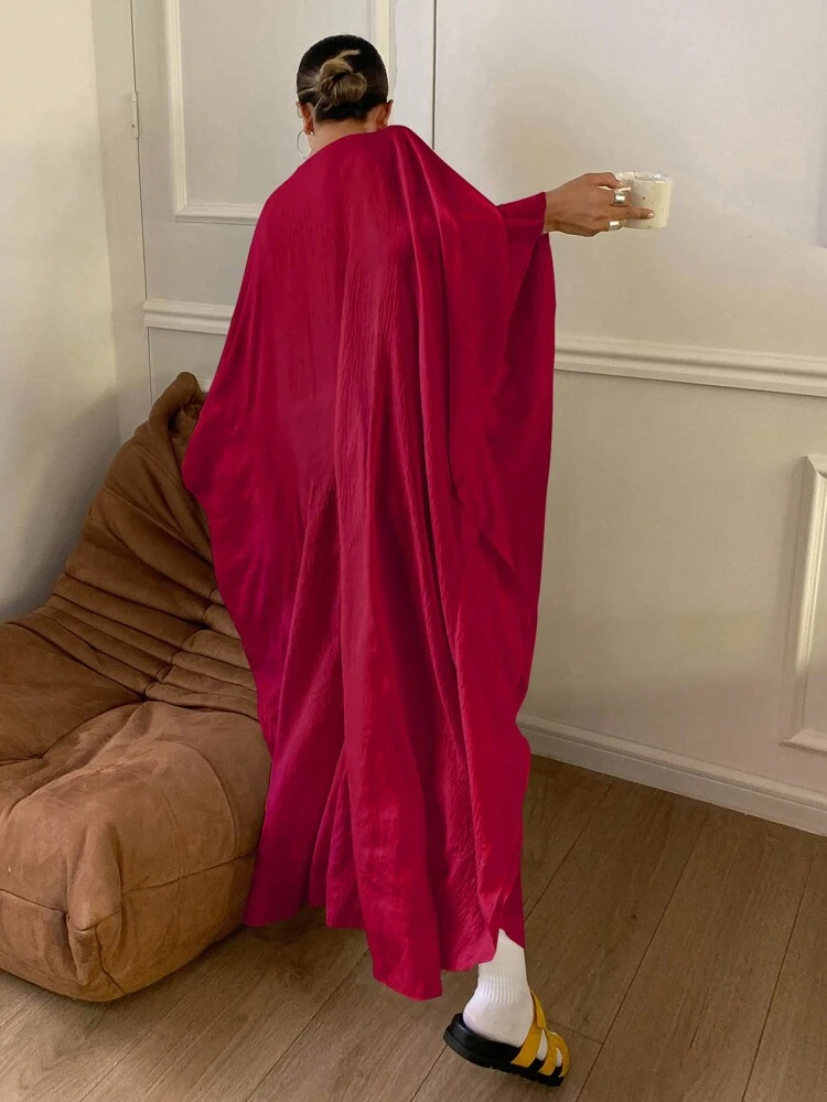 Vintage V-Neck Design Home Wear Lounge Dress, Moo Moo, Red Women Dresses Pajama, Fall & Winter