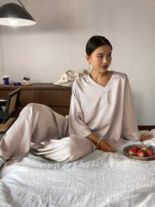 DAZY Simple V-Neck Loose Satin Pajama Set With Arc-Shaped Hem - Champagne - View 1