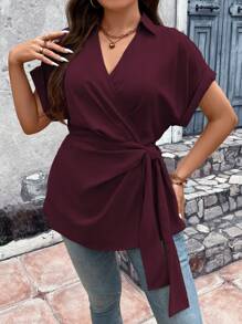 Vionelle Plus Size Women's Solid Color Batwing Short Sleeve Casual Shirt With Side Knot, Summer