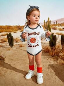 SHEIN Basketball Letter Printed Long Sleeve Bodysuit For Baby Girl, Spring/Autumn - Black and White - View 6