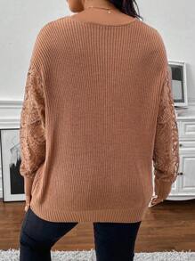SHEIN Clasi Plus Size Winter Elegant And Casual Textured Sweater With Sexy Hollow Lace Sleeve Design, Providing Warmth, Suitable For Gatherings, Work, Outings, Holidays, Shopping, And Home,Fall Sweaters,Winter Clothes,Basic Top,Elegant Woman Clothing - Khaki - View 2