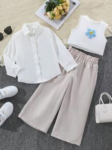 SHEIN Young Girls' Casual Embroidered Two-Piece Outfit - White - View 1