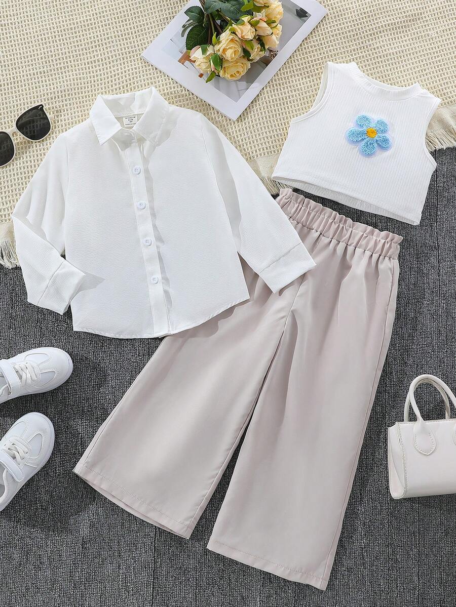 SHEIN Young Girls' Casual Embroidered Two-Piece Outfit - White - View 1