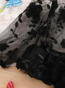 SHEIN Bộ đồ cho bé gái gồm áo tay dài và quần dài màu trơn cạp chun in hoa bằng vải lưới, thích hợp cho mùa hè. - màu đen - Xem 6