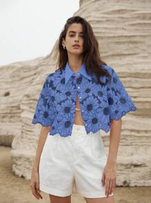 Aveloria 女士夏季隨機菊花刺繡優雅空心短袖襯衫